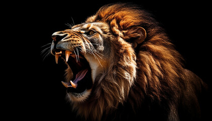 Naklejka premium Majestic feline with a furious roar, showcasing its sharp teeth generated by AI