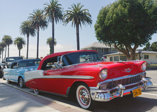 San Pedro, California, United States: 1950s Chevrolet, vintage red Chevy, shown parked on June 18, 2023.