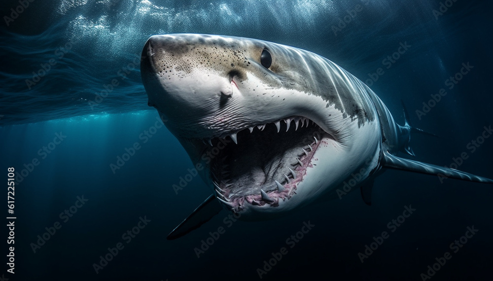 Wall mural Majestic underwater giant fish with sharp teeth and spooky fins generated by AI