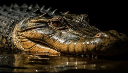 Naklejka premium Close up of dangerous crocodile teeth in wet swamp water generated by AI