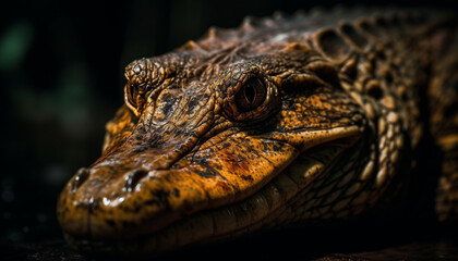 Fototapeta premium Yellow crocodile looking dangerous in tropical rainforest, selective focus generated by AI