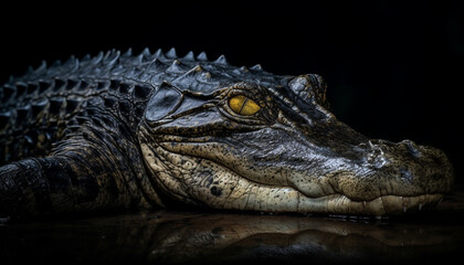 Fototapeta premium Aggressive crocodile resting in swamp, danger lurking in black water generated by AI