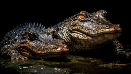 Fototapeta premium Endangered crocodile and alligator show aggression in African swamp generated by AI