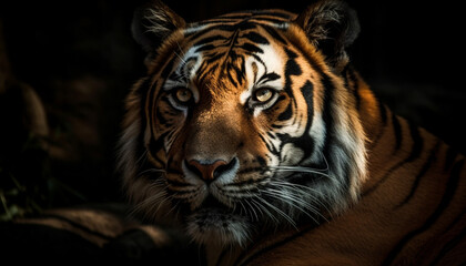Fototapeta na wymiar Beautiful Bengal tiger staring fiercely in the tranquil rainforest generated by AI