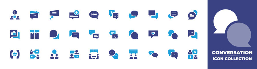 Conversation icon collection. Duotone color. Vector and transparent illustration. Containing communications, speech bubble, speak, question and answer, chat, like, mobile chat, talk, phone, and more. - obrazy, fototapety, plakaty