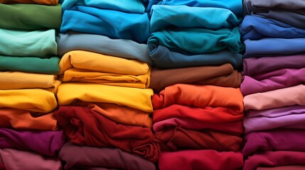 Pile of colorful folded t-shirts - obrazy, fototapety, plakaty