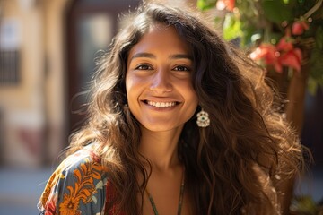 Smiling attractive hispanic young woman looking at the camera - obrazy, fototapety, plakaty