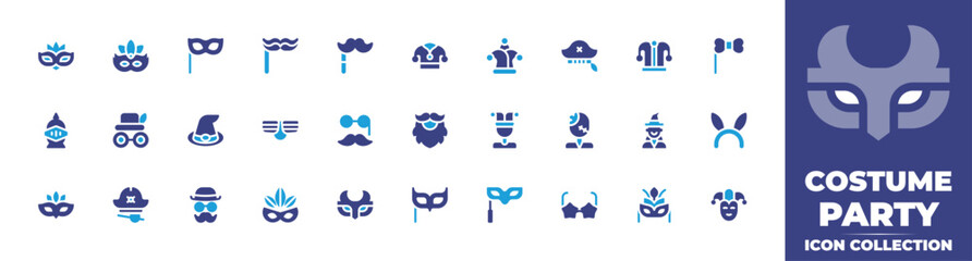 Costume party icon collection. Duotone color. Vector and transparent illustration. Containing mask, carnival mask, eye mask, moustache, jester, pirate hat, jester hat, bow tie, knight, cost, and more.