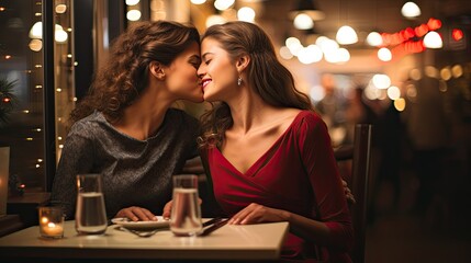 Young lesbian couple in their moment of intimacy having dinner at a restaurant  - obrazy, fototapety, plakaty