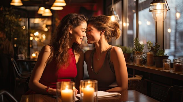 Young Lesbian Couple In Their Moment Of Intimacy Having Dinner At A Restaurant 