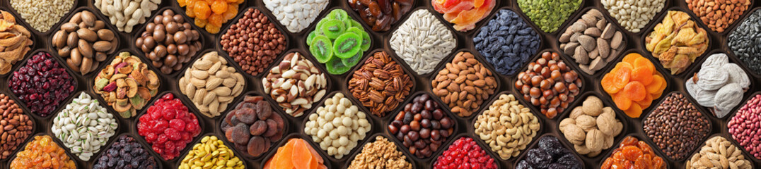 assorted nuts and seeds, various kinds of dried fruits, sun-dried berries. composition organic food...
