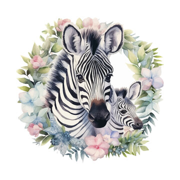 Cute mother and baby zebra cartoon in watercolor painting style