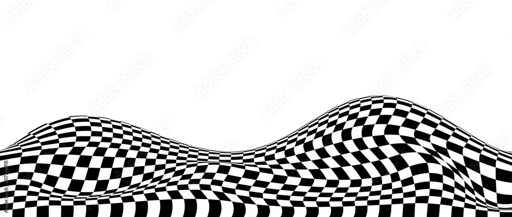 Poster wavy checkered background. black and white curved warped chessboard floor pattern. trippy undulate s