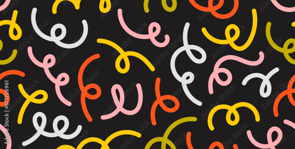 Aufkleber colorful doodle lines seamless pattern. bright serpentine streamer on black background. cute childis