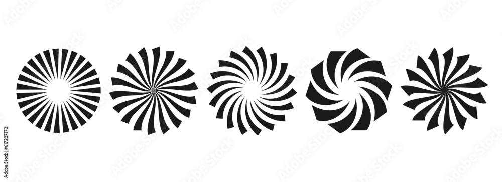 Poster Simple curl sunburst circles collection. Black and white radial twisted elements pack. Round rays and beams set. Geometric stars pack. Vector illustration concept for banner, badge, sticker, poster.