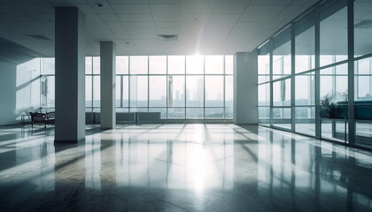 Futuristic office design with clean glass walls and metal columns generated by AI