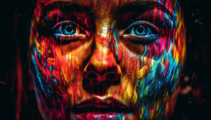 Vibrant young women in surreal portrait with bizarre face paint generated by AI