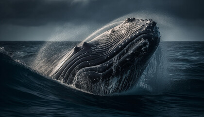Fototapeta premium Majestic humpback whale breaching in the blue sea spray generated by AI