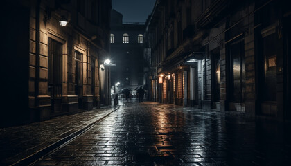 Fototapeta na wymiar Rainy city night, famous buildings illuminated, blurred traffic motion generated by AI