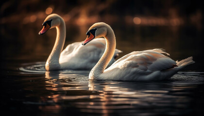 Fototapeta premium Majestic swan family swimming in tranquil autumn pond at sunset generated by AI