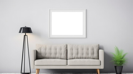 A living room with a couch and a lamp. Generative AI. Poster s mockup.