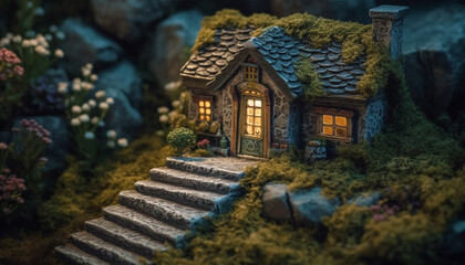 Rustic cottage with ornate window, built from ancient wood generated by AI