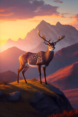 Deer stag in a moody dramatic mountain sunset landscape