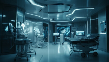 Futuristic hospital ward with clean metal architecture and illuminated equipment generated by AI