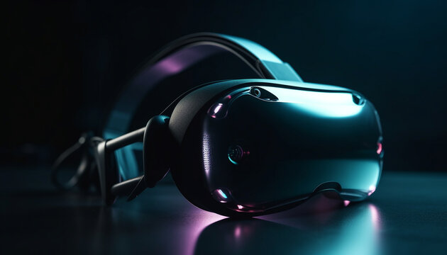 Futuristic eyeglasses enhance virtual reality experience in dark studio shot generated by AI
