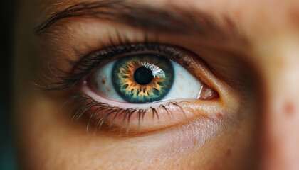 Fototapeta premium Caucasian woman close up portrait, staring with blue eyes at camera generated by AI