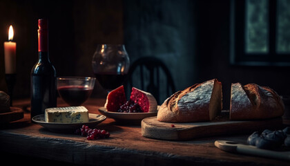 Rustic bread on wooden table, paired with wine and cheese generated by AI