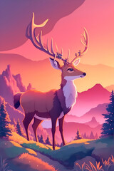 Deer stag in a moody dramatic mountain sunset landscape
