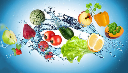 fresh multi fruits and vegetables splashing into blue clear water splash healthy food diet freshness concept isolated white background