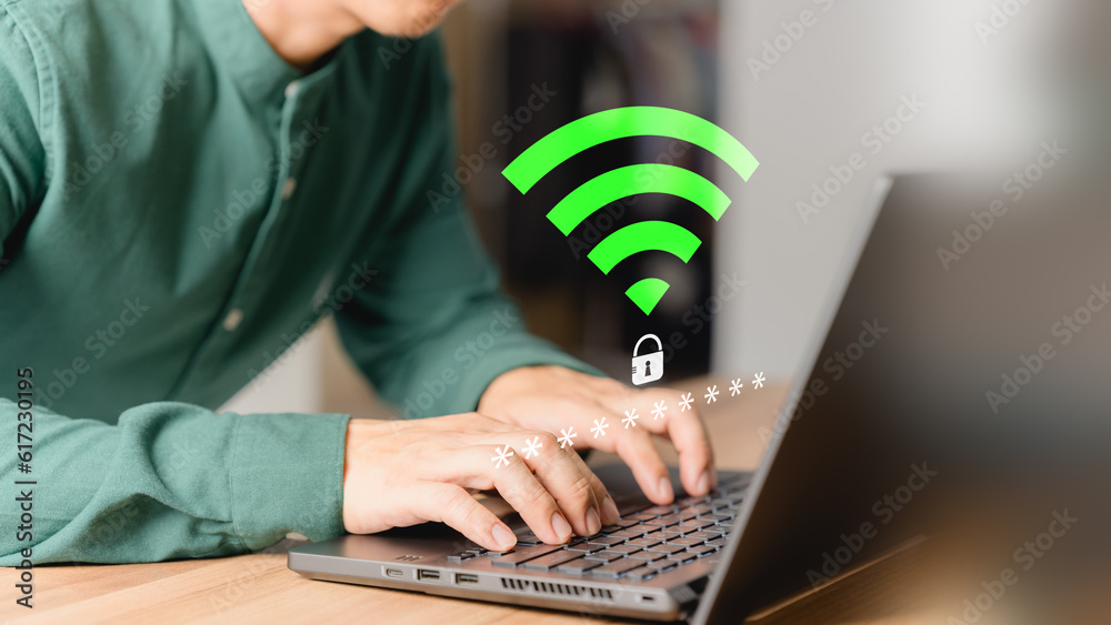 Fototapete User use a computer laptop for a login password to wifi but wifi is not connected. Explore the seamless world of technology as user log in to WiFi. Concept technology of waiting to connect to wifi.