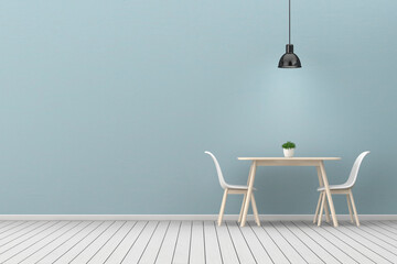 Kitchen Room Interior with Lamp, Table and Two Chairs near Empty Blue Wall. 3d Rendering
