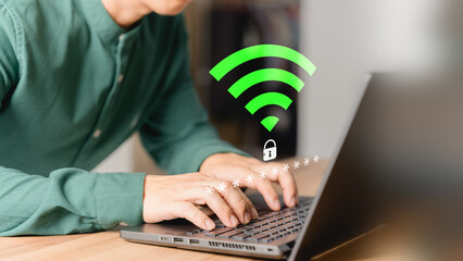 User use a computer laptop for a login password to wifi but wifi is not connected. Explore the seamless world of technology as user log in to WiFi. Concept technology of waiting to connect to wifi.