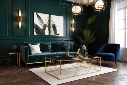 a green living room with blue and gold furniture stock photo & 3d model design art deco bedroom