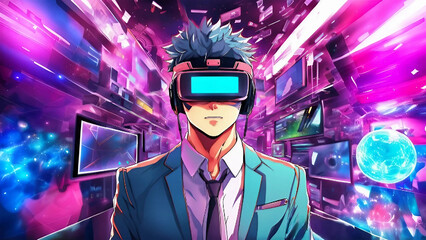 Businessman wearing VR visor in the metaverse anime style made with generative AI