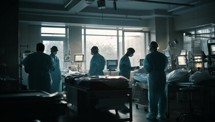 Fototapeta na wymiar Medical team in hospital ward working together with advanced equipment generated by AI