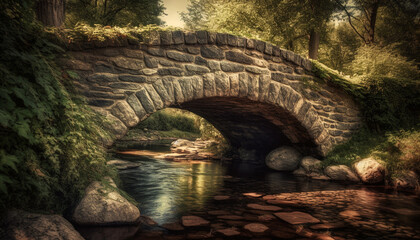 Fototapeta na wymiar Ancient stone bridge arches over tranquil water in forest ravine generated by AI