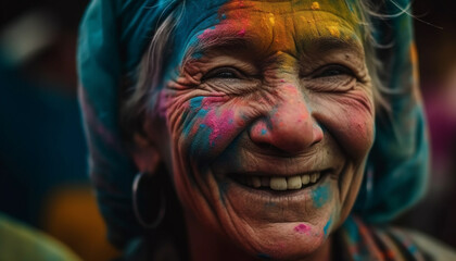 Senior woman enjoys traditional festival with colorful face paint outdoors generated by AI