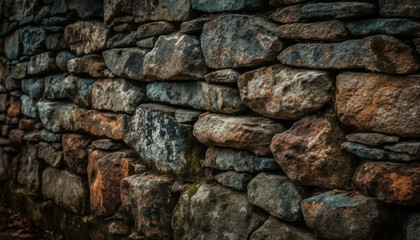Rough stone wall with ancient brick pattern, surrounded by nature generated by AI
