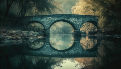 Tranquil scene of an ancient bridge reflected in the water generated by AI