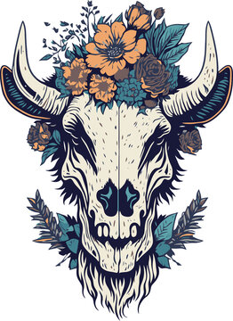 head skull cow with flowers illustration design
