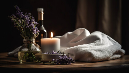 Obraz na płótnie Canvas Luxury spa treatment with aromatherapy oil, candle, and fresh flowers generated by AI