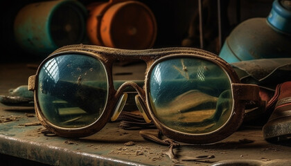 Old fashioned eyeglasses, rusty metal, reflection of nature, abandoned elegance generated by AI