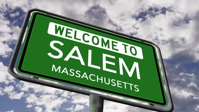 Welcome to Salem, Massachusetts. USA City Road Sign, Close Up. Realistic 3d Animation