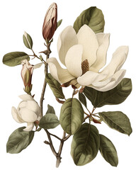 Magnolia flower isolated on transparent background, old botanical illustration - obrazy, fototapety, plakaty