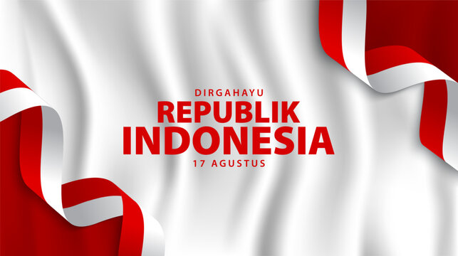 August 17th. Indonesian independence greeting card. Textured background with red and white ribbon decoration. Vector illustration