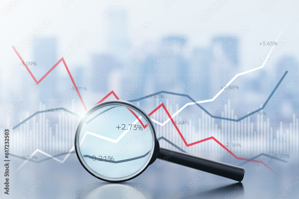 Poster analysis of business and economic data. graphs and magnifier on cityscape background.